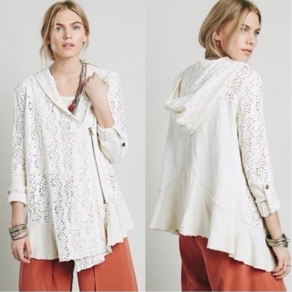 Free People Sweaters - Free People Doiley Crochet Full Zip Cardigan Tunic Sweater Boho Cream XS Hooded
